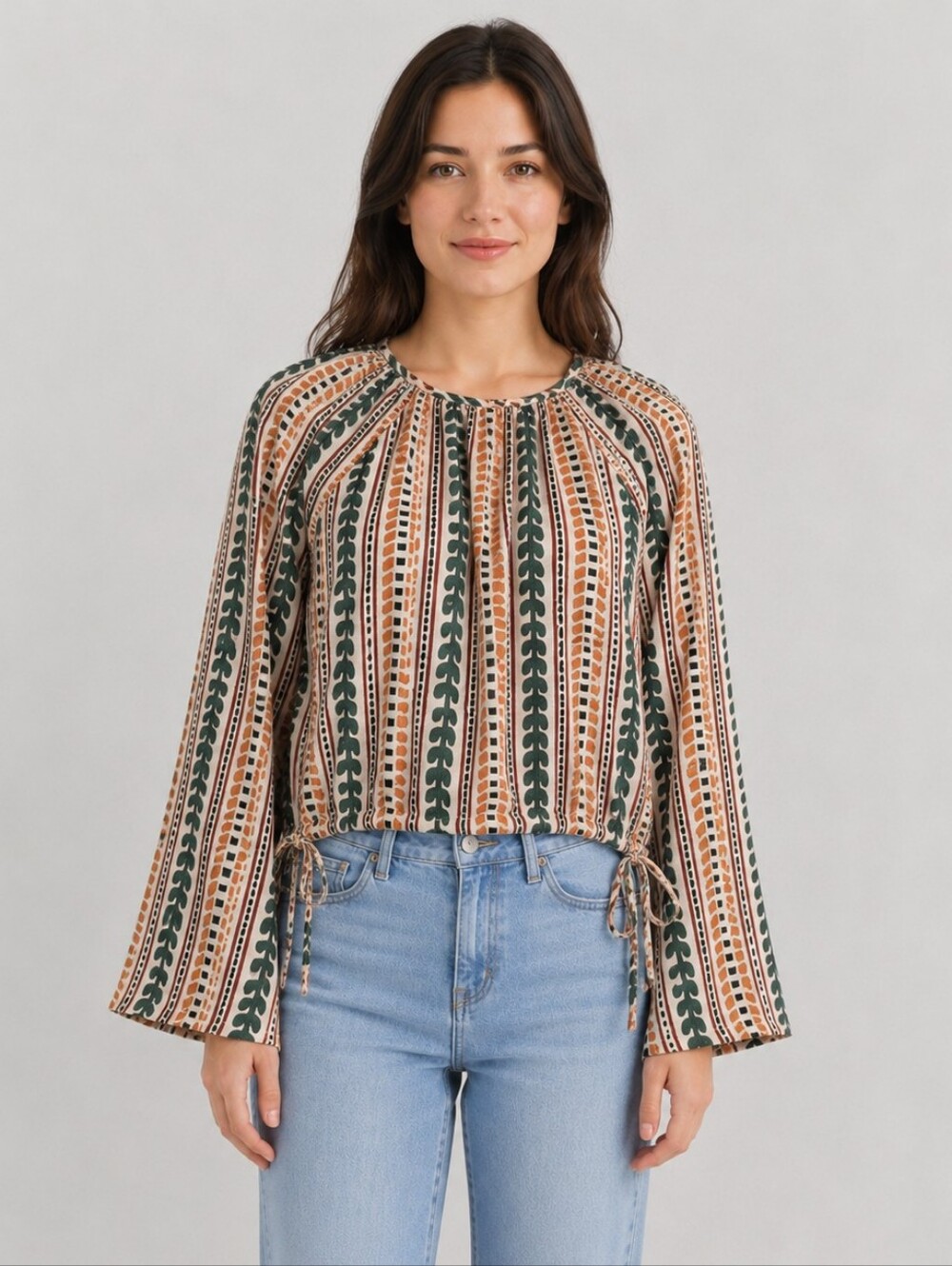 Primark Cares Geometric Stripe Tie Hem Bell Sleeve Blouse M A284